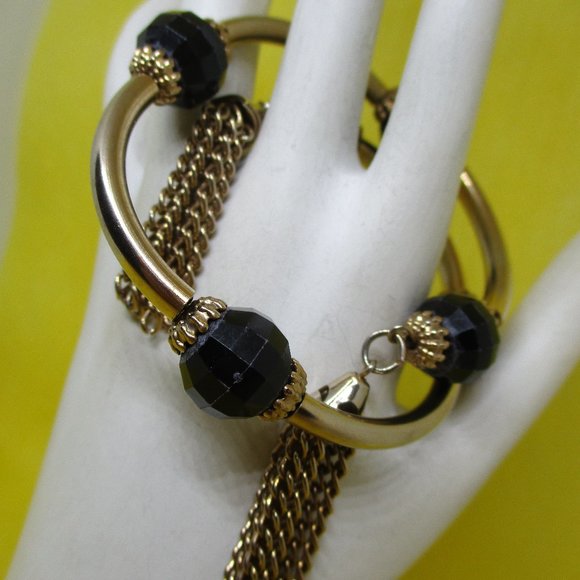 Wrap Beaded Tassel Bracelet Beaded Wrap Beaded Gold Tone Black Bracelet 1950s - Picture 6 of 10